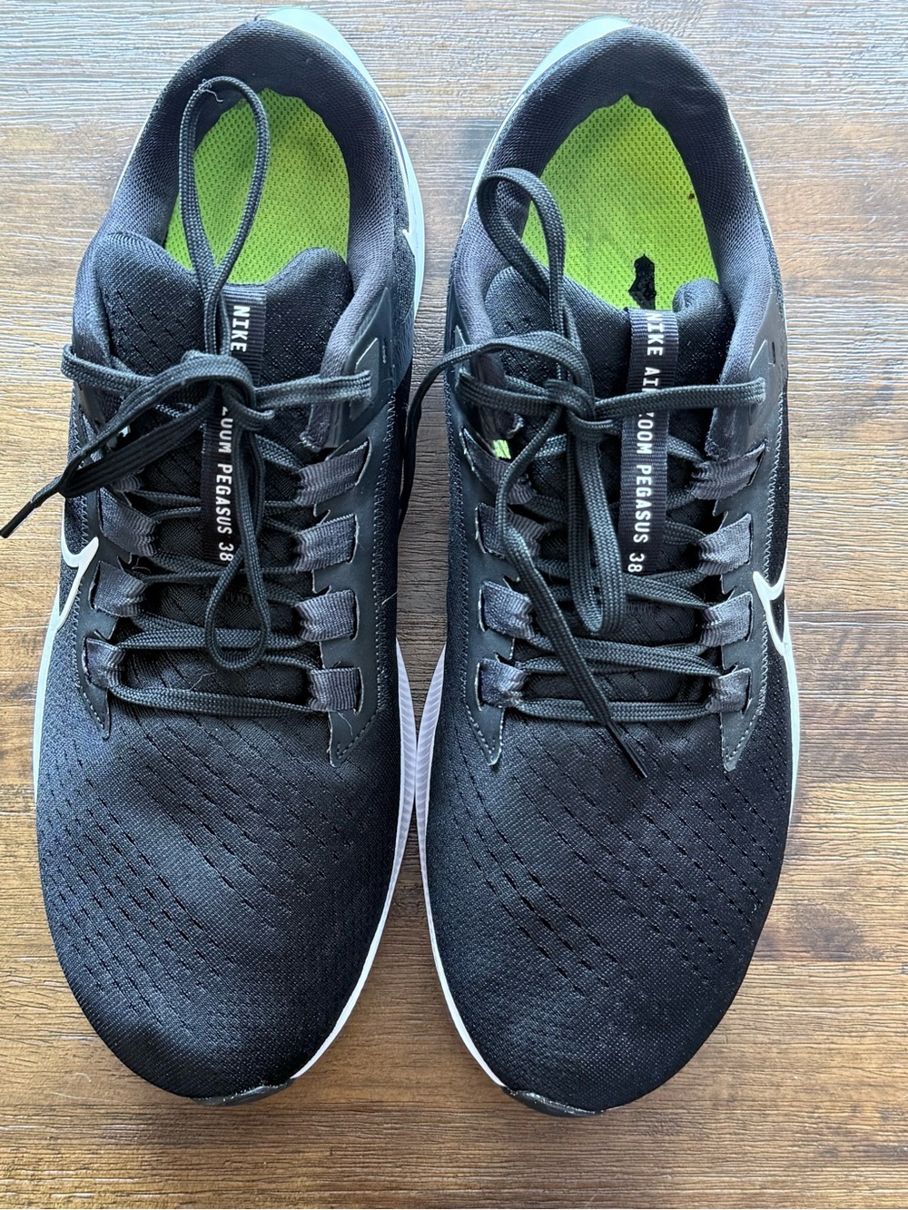 Nike Black air zoom Pegasus 38 & White Running Shoes with Neon Green Insole